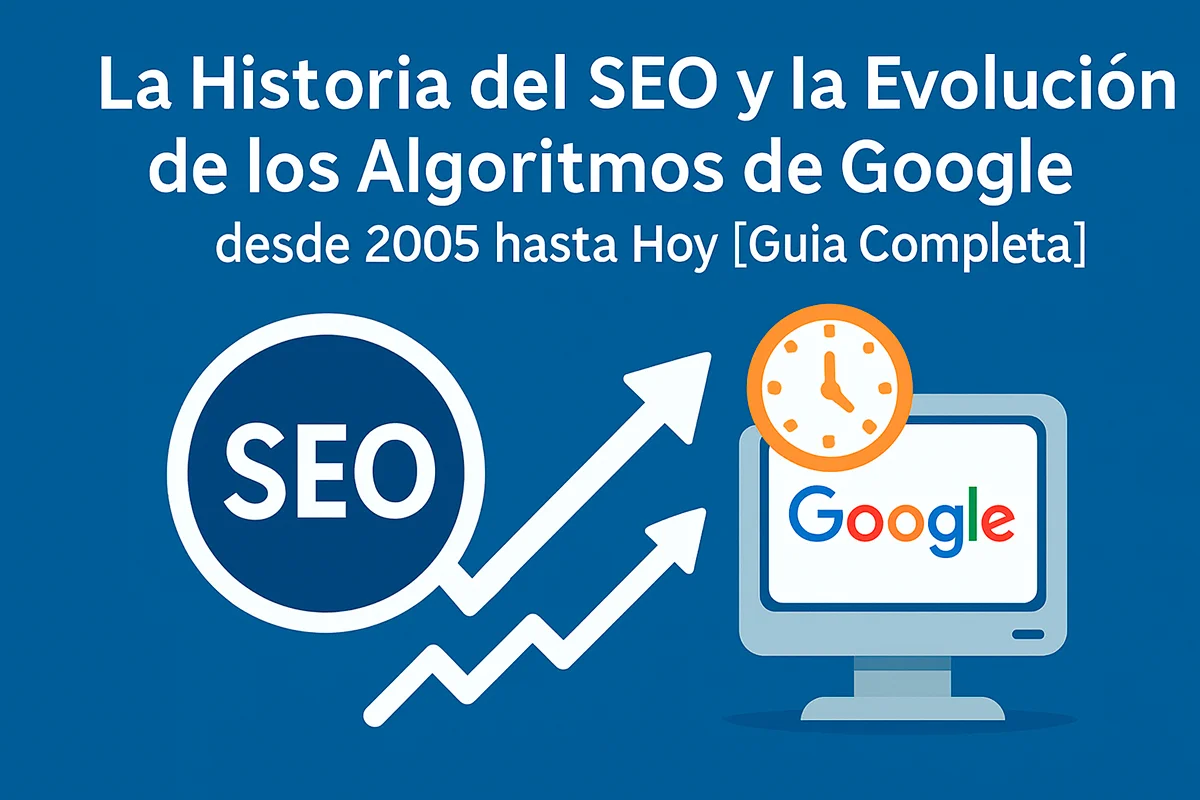 Línea del tiempo con evolución del SEO y cambios en algoritmos de Google desde 2005, con íconos representativos de actualizaciones clave y estrategia digital.