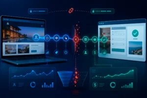Flujo de medición cross-domain entre un sitio web y un motor de reservas con datos de atribución, eventos y conversión en GA4
