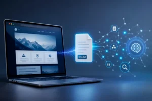 Archivo llms.txt conectado a un sitio web y a una red de inteligencia artificial para mejorar la comprensión del contenido
