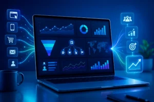 Dashboard de analítica digital con gráficos, embudo de conversión y eventos de usuario para medir resultados con GA4