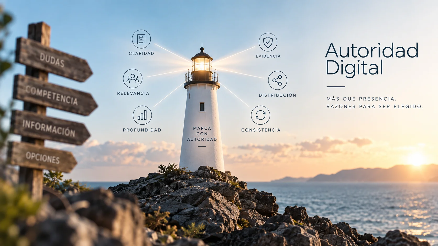 Faro que representa la autoridad digital de una marca y sus pilares estratégicos