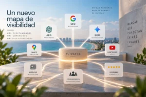 Ecosistema de visibilidad digital de una marca mediante SEO, GEO y AEO