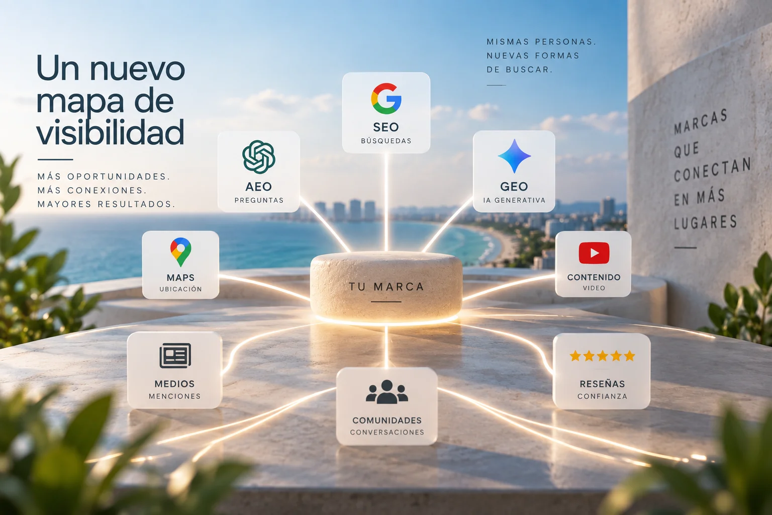 Ecosistema de visibilidad digital de una marca mediante SEO, GEO y AEO